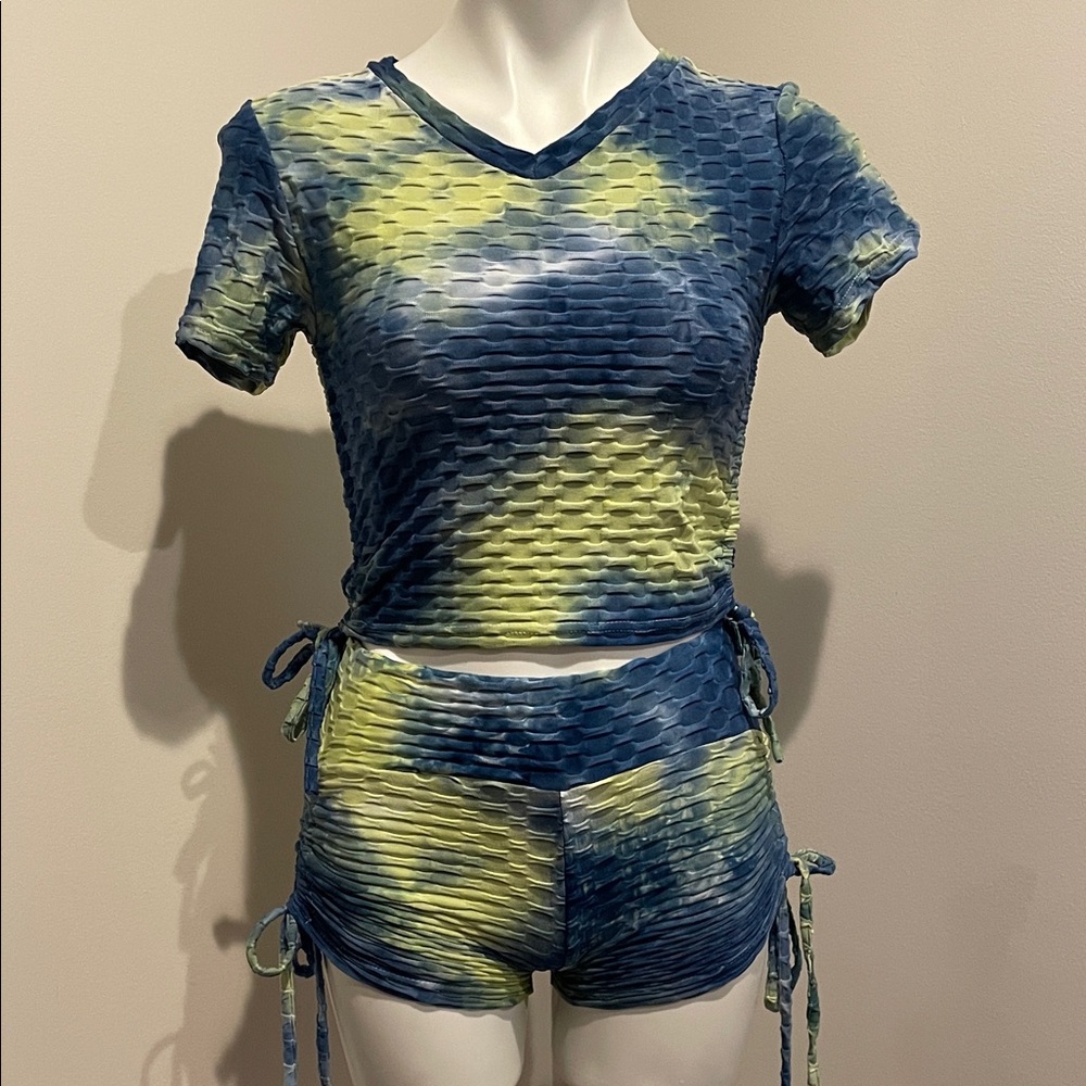 Butt lifting Tie-Dye Textured Short Set - Blue & Lime Sz M